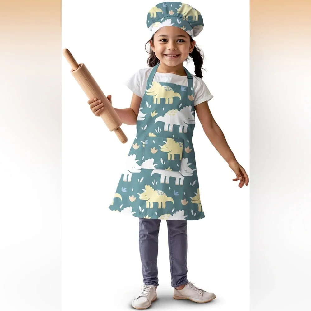 Kids Dino Print Apron & Chefs Hat